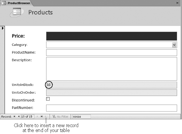 When you create a new record, you start off with a clean slate that shows your form’s formatting but no values. If you’ve set any default values for the table (), then you see them appear instead of the blank values. In the Products table, the UnitsInStock field has a default value of 10.