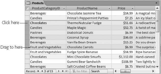 When selecting rows in the datasheet, click the gray margin just to the left of the first row you want to select. Then, drag down to select as many rows as you want. If you don’t want to take your hand off the mouse, then you can copy these rows by holding down the Ctrl key, and right-clicking one of them. Then, from the pop-up menu, choose Copy.