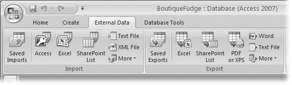 The External Data tab’s Import section lets you pipe data into Access using a variety of formats. The Export section does the reverse—it takes your table, and exports it in a bunch of different flavors.