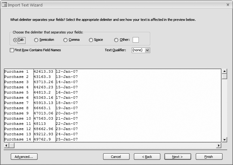 In this example, fields are separated using tabs.