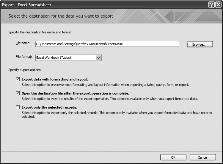 The Export wizard varies depending on the export format you’re using. But the first step’s always to pick your file, and then set the export options shown here.