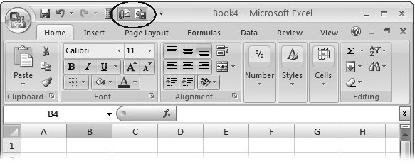 The file-specific buttons (circled) always appear after the standard buttons and have a slightly different appearance (a darker background), as shown in this Excel example. You can define the same button as a standard button and as a file-specific button, in which case it appears twice.