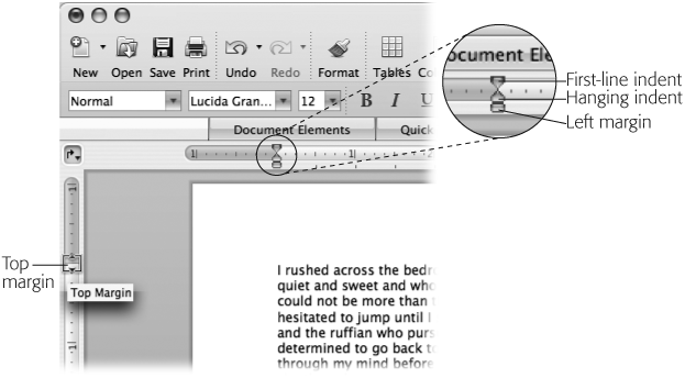 Left: It’s easy to adjust the top margin. Just drag the intersection of the white and gray regions on the rulers (you can see the special cursor shape at left).Right: Finding the spot to drag is extremely important when adjusting the left margin markers. The top part controls the first-line indent, the middle part controls the hanging indents, and the bottom part moves the other two in concert, adjusting the left margin. Remember, only the very tip of your arrow cursor is active, and when you pause your cursor for a moment over the margin markers, a screen tip appears.