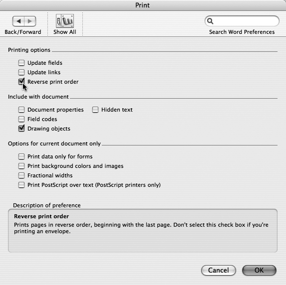 The three checkboxes under “Options for current document only” need to be turned on each time you use them. For example, if you really do want to use up your expensive ink and make your document harder to read, you’ll have to turn on “Print background colors and images.” You can also access this dialog box by clicking the Word Options button in the Microsoft Word panel of the Print dialog box.