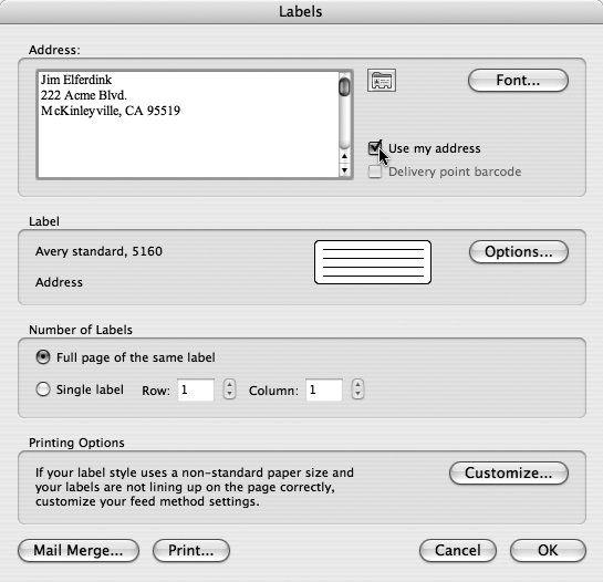 When typing in the Address window, click Font to use any of Word’s fonts or text formatting. Check the “Use my address” box to have Word insert your name and address from the Word → Preferences → User information tab (which is also reflected in the Entourage Address Book entry you created for yourself). Click the contact icon to choose a name and address from the Entourage address book.