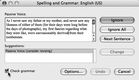 If you want Word to check spelling only and keep its grammatical comments to itself, uncheck the “Check grammar” box (⌘-K) in the lower-left corner.