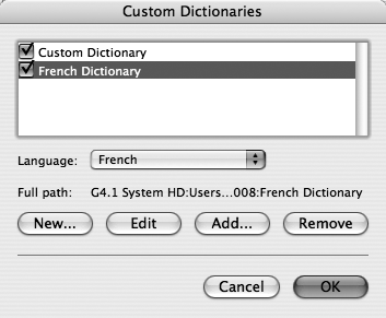 The checked boxes show the custom dictionaries currently in effect. Uncheck one if you would like Word to stop using it in spell checks. For example, if you turn off French Dictionary, Word will interpret French words as spelling errors.