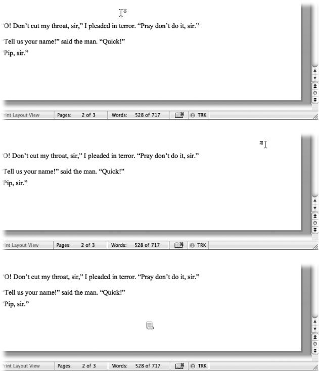 Top: The “Click and Type” I-beam cursor is poised to click and type centered text.Middle: The “Click and Type” I-beam cursor is ready to click and type right-justified text.Bottom: This special cursor appears to let you know you’re about to create a footer using “Click and Type”. (A similar cursor appears at the top of a page for headers.)