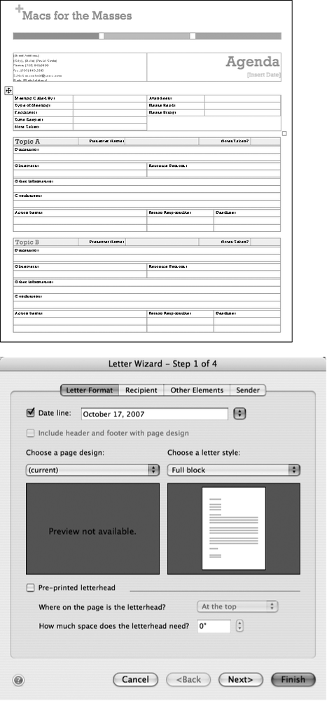 Top: A template is a canned Office document filled with “dummy” text. You could, if you wish, simply drag through it and replace it with new text of your own.Bottom: The Letter wizard, on the other hand, presents a series of dialog box tabs to fill in, partially automating the process of creating a letter.