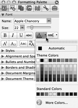 From the Formatting Palette’s font color button, Word gives quick access to 70 commonplace colors. To choose from a broader rainbow, click the More Colors button. Doing so opens the Apple Color Picker dialog box, which has several different ways to specify any color under the sun, as described on .