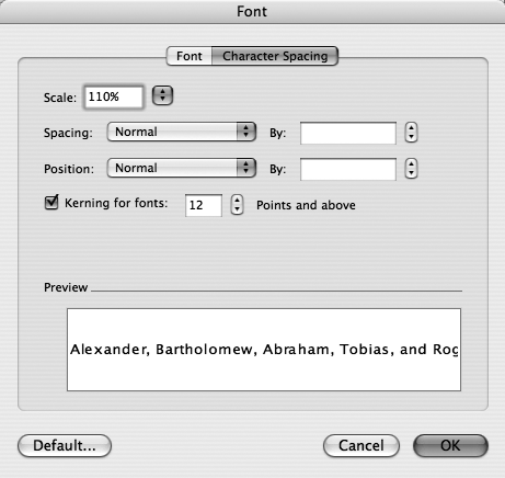 The Character Spacing portion of the Font dialog box shows controls for the horizontal and vertical positioning of selected characters. Additionally the Scale control lets you stretch or shrink text horizontally—not the spaces between the letters, but the letters themselves—by selecting a percentage from the pop-up menu, or typing a percentage directly into the box. This control can create a bizarre appearance, but if you limit your adjustments to just a few percent, you can fine-tune the length of your lines of text invisibly.