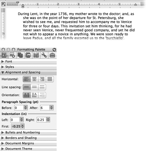 Top: A paragraph with a hanging indent of a quarter-inch, and a right indent of a half-inch, as shown on the ruler.Bottom: The Indentation settings on the Formatting Palette for the paragraph shown. To create a hanging indent, you have to type a negative number in the First box.