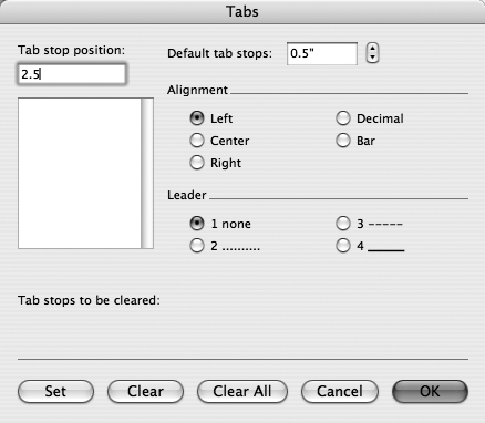 You can change the spacing of the automatic tabs in the “Default tab stops” box (or by clicking the arrows next to it). You can also add a tab leader—that is, a dashed line, dotted line, or underline that automatically fills in the gap between the end of your previous typing and the tab stop.