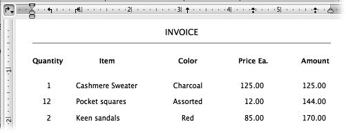 Using different tab types, you can make your text align neatly from one line to the next. The columns in this example use a right tab, a left tab, a centered tab, and two decimal tabs.