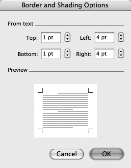 The Margin settings control the distance of the text from the margin (or the paper edge, depending on what you choose from the “Measure from” menu). The border, however, still hugs the margins. In other words, when you increase the Margin settings in this dialog box, the text area will decrease as it moves farther in from the page margins. (Yes, some of the text may flow onto the next page as a result.)