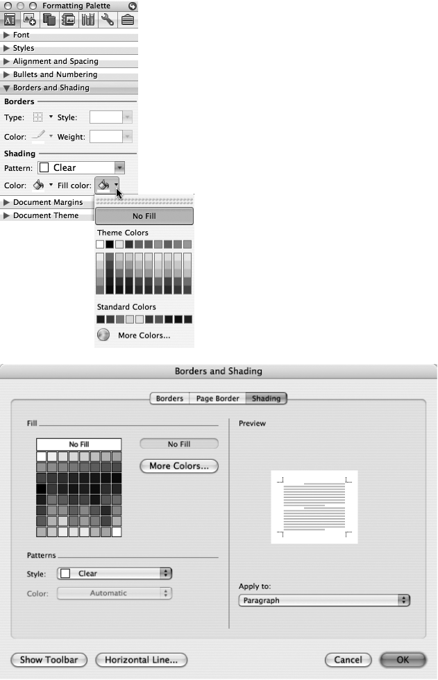 Top: The Formatting Palette reveals that even if you don’t think you’re using a pattern, you are. Text with no background or a plain, unshaded fill color has a clear pattern. The Fill color is a background that underlies both text and any pattern you apply.Bottom: The “Borders and Shading” dialog box has even more options.