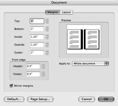 A quick way to open this dialog box is to double-click the ruler located along the top-left side of the page. The gutter is an extra area for binding; the mirror margins feature is handy when you want the outer and inner margins to match on left and right pages.