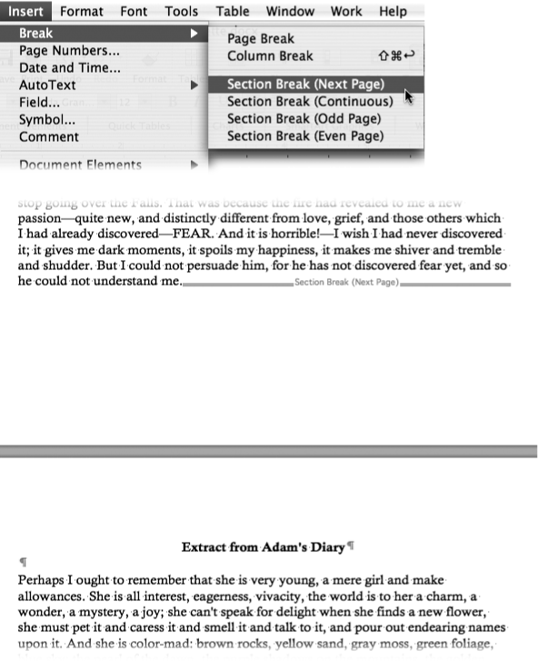 Top: Create a section break by choosing from the Insert menu (there’s no dialog box for it).Bottom: An example of a “Next page” section break, shown here separating one chapter from another. You see the handy guides automatically in Draft view; in Print Layout view, turn on the Show/Hide ¶ button in the Standard toolbar to make them appear.