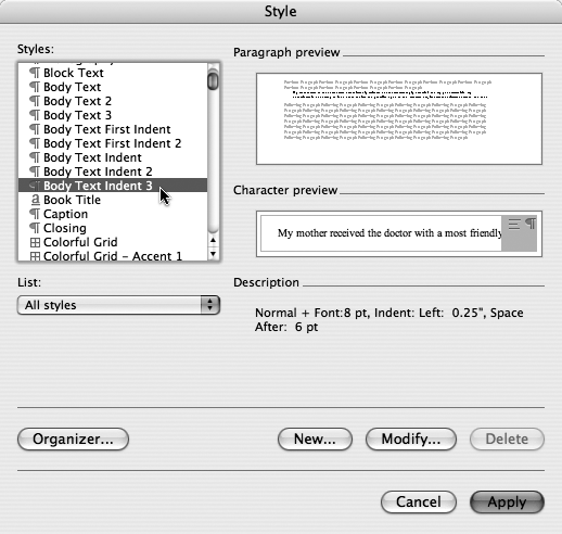 Choose Format → Style to see the styles available in your document. Each document comes with a few styles, such as the Normal style and Heading 1, because every template has these starter styles built right in. (See for more on templates.) Starting from a different template might produce a different set of starter styles.