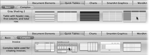 Click the Quick Tables tab to display the Elements Gallery’s collection of prefab table designs. The buttons at the left end display an assortment of basic (top) and complex (bottom) designs. As you move your cursor over the thumbnails, a brief description of the table appears at the left end of the gallery. Click one of the thumbnails to add it to your document.