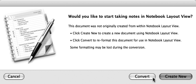 If you convert a regular document to Notebook Layout view, inserted pictures may get sloshed around or columns reorganized. You can return to your previous view but that won’t undo the changes wrought by the Notebook view to paragraph styles, headers, footers, and so on.