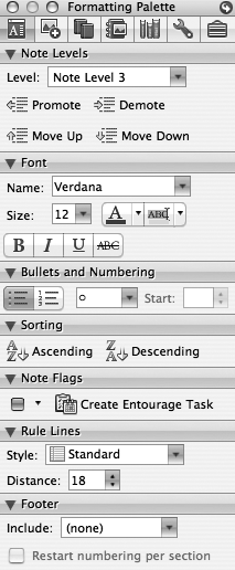 When you enter the world of Notebook Layout view, the Formatting Palette morphs to provide the appropriate commands. Here you can adjust the indent level, the font, bullets and numbering, and “paper” style; sort your notes or add a footer; and add checkboxes to your notebook items or even turn them into Entourage tasks.