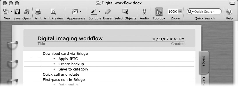 When you’re notebooking it, the Notebook Layout view’s Standard toolbar replaces Word’s Standard toolbar. One of its most convenient tools is the Quick Search window. Click in the window, type in your search terms, press Return, and Word buzzes through the document, rooting out every occurrence in this section.