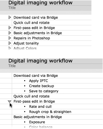 You can expand or collapse the subheadings in your Notebook. At top, headings are collapsed, displaying only the top-level text. After clicking the flippy triangle, the subheadings pop out, as shown at bottom. As you can see here, it’s possible to have several levels of embedded headings. Wherever there are subheadings, you’ll see the renowned flippy triangle—though it disappears once you click it to expand the topic. Mouse over that topic again, and the triangle reappears.