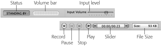 The Audio Notes toolbar (shown here divided in half to fit on the page) provides the controls needed to insert sound into your document. Keep an eye on the Size measure as you record: larger files take longer to save and email.