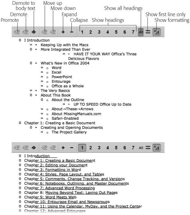 Top: A full-fledged outline in progress. The most important buttons on the toolbar are identified here.Bottom: By clicking the big 1 on the toolbar, you hide all but the primary Level 1 headings, giving an easy overview of your document. You can drag topics around using their bullets as handles.