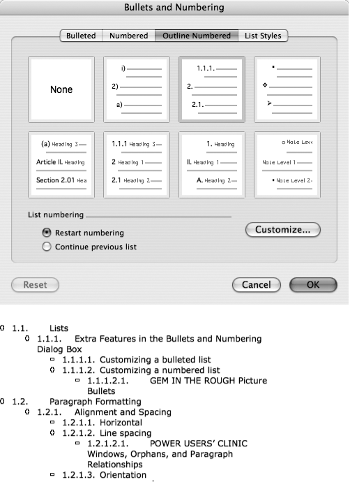 Top: When this dialog box appears, choose one of the seven outline styles; the ones on the bottom row add numbering and apply heading styles to the text on each level. There’s also an option for automatically adding the “Article” and “Section” labels used in legal documents (Article 1, Article 2…), and another for using Outline format for chapter headings. If one of the numbering styles displayed fits your needs, click it and then click OK. If not, see “Customizing an Outline in the next section. Click OK when you’re set.Bottom: The resulting outline is numbered automatically, according to the style you’ve selected.