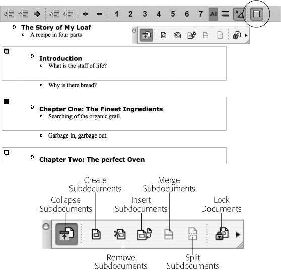 Top: Click the Master Document View button (circled) in the Outlining toolbar to expose the Master Document toolbar and create a Master Document like this one, showing three subdocuments. A subdocument icon, like the ones at far left, represents each document (Introduction, Chapter One, and so on).Bottom: The Master Document toolbar has the buttons you need to manage this kind of meta-document.