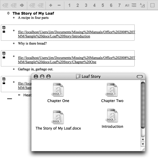 Behind the scenes, each master document is comprised of individual Word documents on your hard drive. If you click the Collapse Subdocuments icon on the toolbar, the nature of your subdocuments becomes all too real—you see only hyperlinks to their locations on your hard drive, spelled out as file paths.