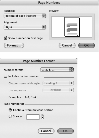 Word 2008’s new Elements Gallery lets you insert a header or footer by choosing one of the preformatted styles. Set the pop-up menu at the left to determine which pages receive your header or footer, then simply click your style choice to make it so.