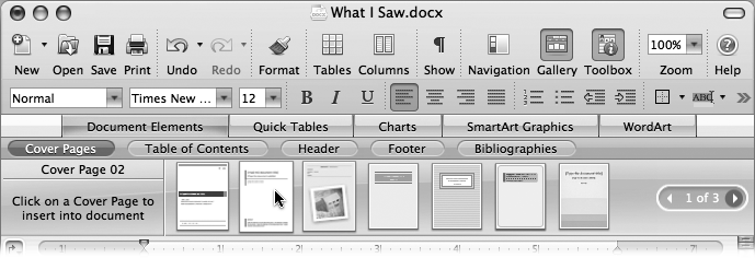 Click Document Elements to reveal the Elements Gallery, then click Cover Pages to display the variety of title-page designs Word puts at your disposal. No matter what page you’re on when you make this choice, Word always inserts the cover page at the beginning of the document.