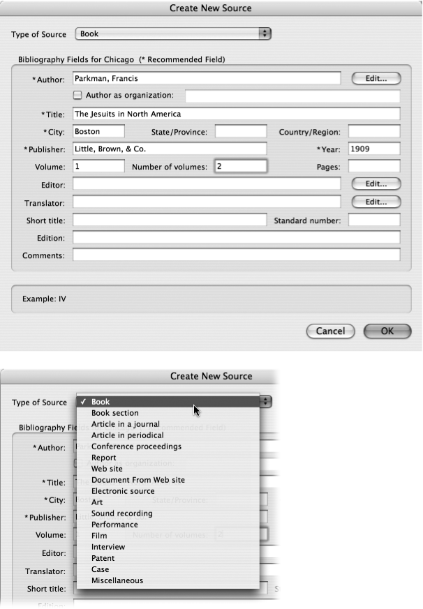 Top: The Create New Source dialog box lets you track a huge number of data fields for each citation, but only those marked with an asterisk are required for your chosen citation style.Bottom: Use the “Type of Source” pop-up menu to choose just what type of document, artwork, or interview you’re dealing with.