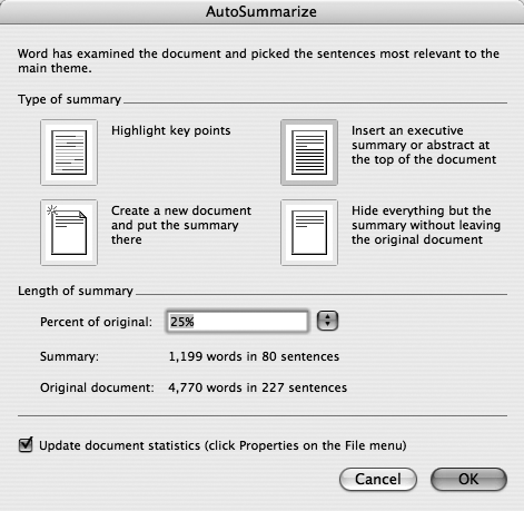 If you’ve filled in the Keywords and Comments boxes on the File → Properties → Summary tab, uncheck the “Update document statistics” box here. Otherwise, Word will replace your keywords and comments with its own keywords and summary.