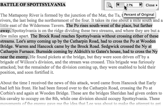 The only way to really interpret Auto Summarize’s results is by using the “Highlight key points” summary. This way, you can see Word’s summary in context as you flip through the document. This view displays a tiny toolbar (upper-right) that lets you switch between the highlighted view and the Hide everything view, and adjust the percentage of the original included in the summary.