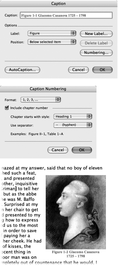 Top: Select a graphic and then choose Insert → Caption to call up the Caption dialog box. Word inserts the label and number; you type the rest of your caption text.Middle: If the chapter headings in your document use one of Word’s built-in heading styles, you can make Word automatically number your figures , , , and so on by turning on the “Include chapter number” checkbox. The Examples line shows what the caption will look like on the page.Bottom: A caption in place. Note that if you’re planning to import your Word document into a desktop publishing program, you’ll probably lose your captions. The text of the captions may appear, but the numbering will likely be lost.