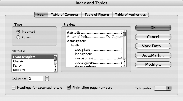 The “Index and Tables” dialog box previews the index you’re about to create. If the Preview in your copy of Word—or, indeed, the final index itself—shows text that’s cramped and hard to read, you need to click the Modify button and adjust the Index1, Index2, and Index3 predefined styles to clearer fonts and paragraph spacing.