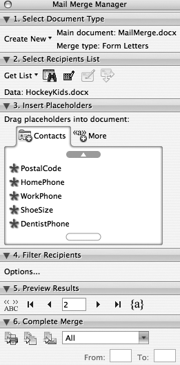 The mail-merge feature of Word isn’t a shining example of simplicity. But the section structure of the Mail Merge Manager palette, which looks a lot like the Formatting Palette, at least makes the steps sequential. The file name and main document type appear here—in this example, it’s called MailMerge.docx (see it near the top?). So does the database you’ve selected (see it in the Select Recipients List?). At the very bottom are the controls you use to actually perform the merge. If you want to abandon the main document and start again, choose Create New → “Restore to Normal Word Document” on the Mail Merge Manager.