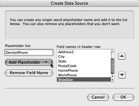 Scroll through the “Field names in header row” box and click “Remove Field Name” for any you don’t plan to use. To add fields you’ll need for your hockey letter (DentistPhone, for instance), type them in the “Field name” box and click Add Field Name. Note that Word doesn’t permit spaces in field names.