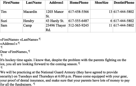 This data source (top) was created in Excel, and the form letter, ready for merging (bottom), was created in Word. The first row of the spreadsheet is the header row, displaying the field names.