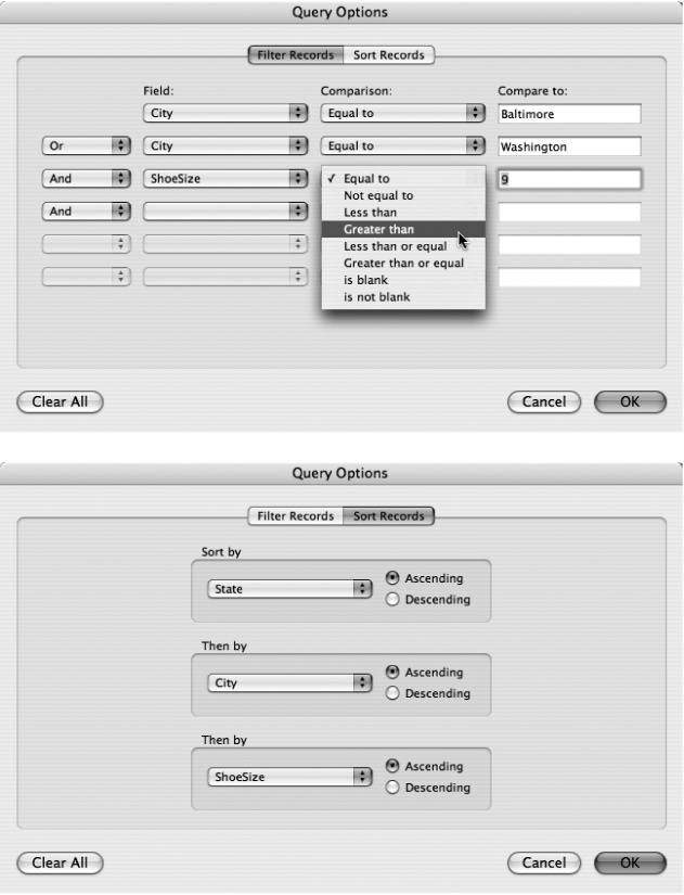 Top: Use this collection of pop-up menus to create a filter to home in on the target audience for your mail merge.Bottom: Clicking the Sort Records tab lets you sort your data records so they’ll print out in a logical order. You can combine filtering and sorting, and you can click back and forth between the Filter Records and Sort Records tabs as you craft your query. (If the Office Address Book is your source, this dialog box looks a bit simpler, with checkboxes that let you select only certain names and addresses for inclusion).