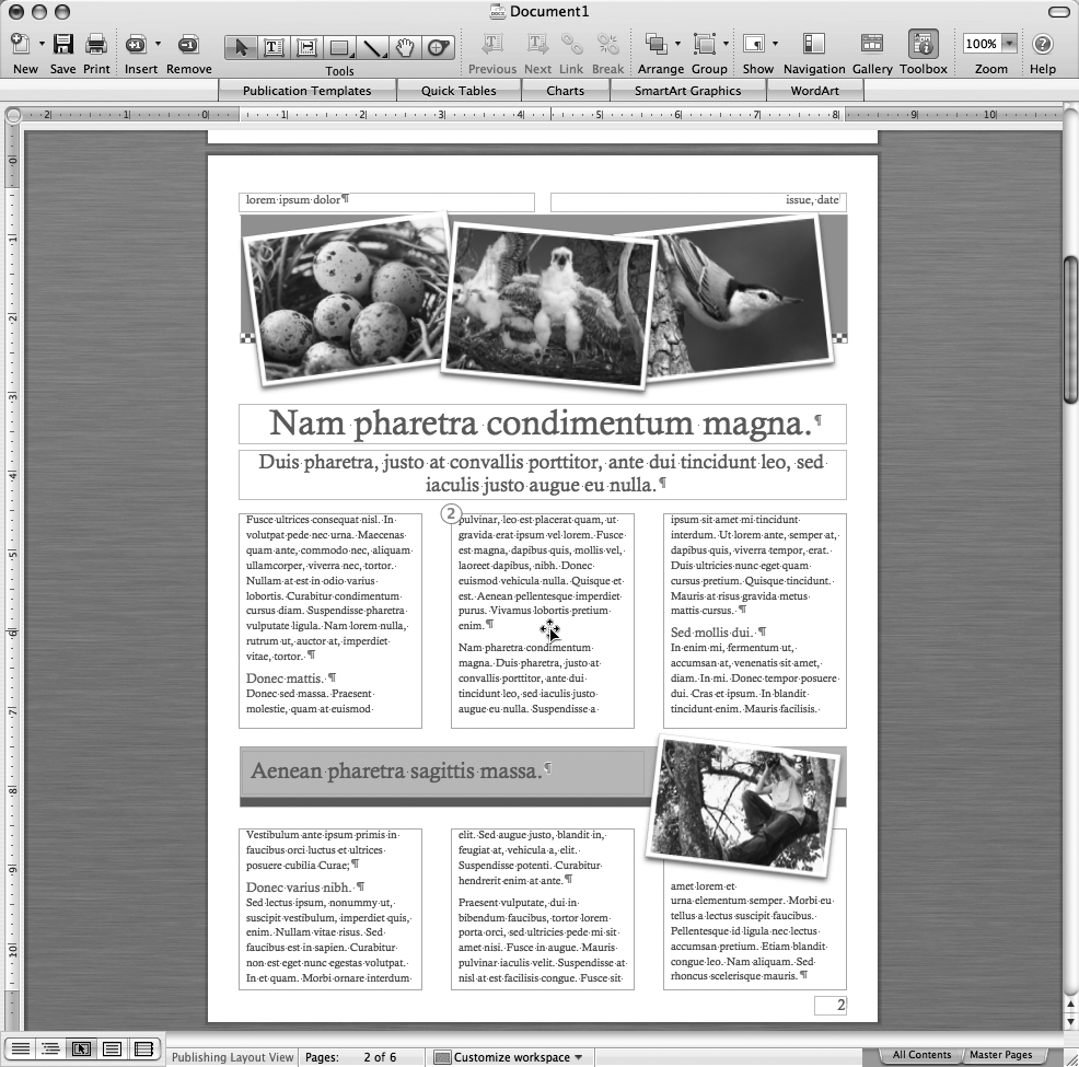 By choosing View → Show → Outlines, you can keep better track of your text-box layout. This page uses a set of six linked text boxes; the cursor is over the second box in the series, which temporarily displays a number indicating its position in the lineup. The Status bar at the bottom of the window shows what page you’re on and has the pop-up menu for customizing the workspace—the “worktable” on which the pages lie—as well as the tabs to shift from the normal All Contents view to the Master Pages view ().