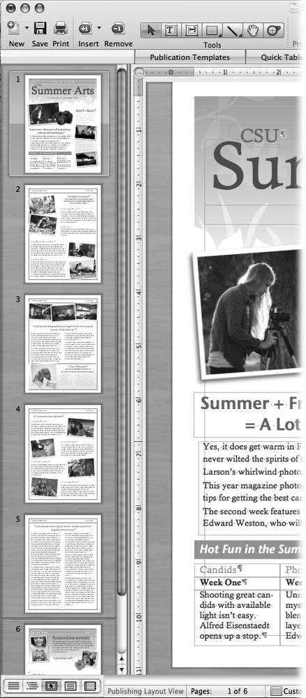 Click the Navigation button to reveal the navigation pane, a strip of thumbnails showing your page order. In this document, a double line between pages and indicates a section break where the Master Page design changes (). You can reorder pages by dragging them into a new position and remove a page by selecting it and pressing Delete or clicking the Remove button in the toolbar.