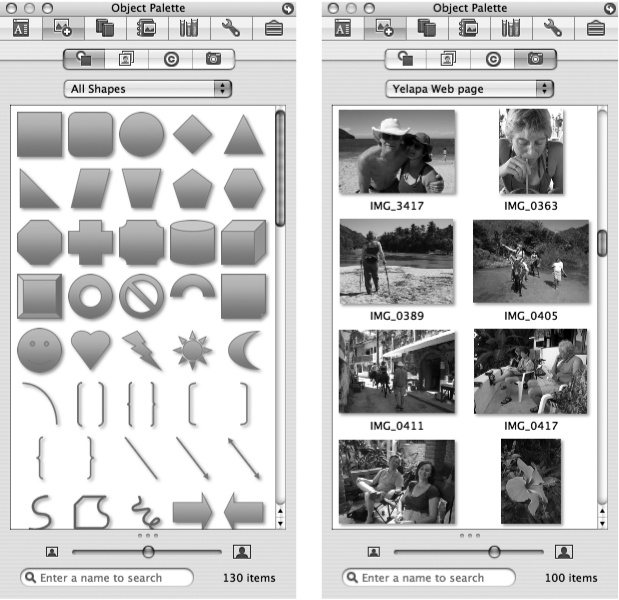 The Object Palette’s four tabs provide a quick way to insert shapes (left), clip art, symbols, and photos (right) by simply dragging a thumbnail into your document. Use the slider at the bottom to control the thumbnail size; narrow down your choices by using the pop-up menu at the top or by typing into the search box.