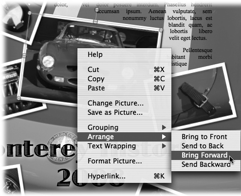 Control-click (or right-click) and choose one of the four commands in the Arrange submenu to move an object in front of or behind other objects. Parts of eight layers are visible in this document: a background image, text boxes, and pictures, each on their own layer.