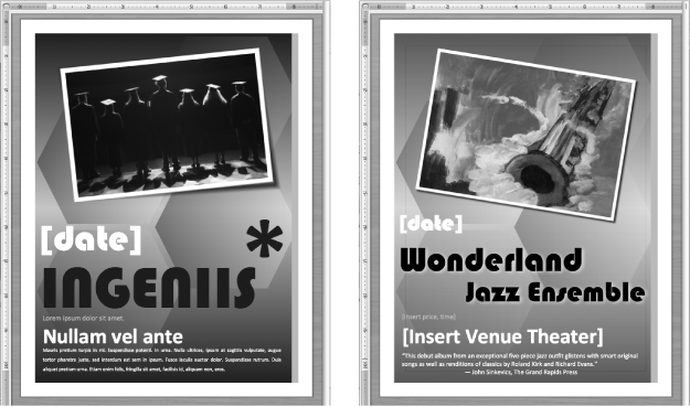 You can modify one of Word’s templates to make it your own—adding, removing, or modifying any of its elements before saving it as a template. Starting with the Event Poster (left), you can add your own picture, name, and text—including text-box reminders were you’ll fill in the appropriate event information for each concert (right).