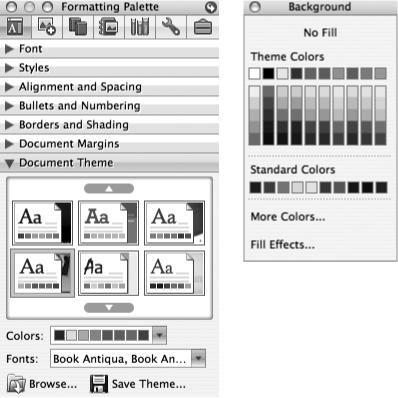 Left: The Document Theme pane of the Formatting Palette lets you choose from the dozens of pre-designed themes displayed here as thumbnails.Right: Choose Format → Background to open the Background palette in order to adjust background color or fill. If you use the Colors or Fonts pop-up menus or the Background palette to make changes to one of the existing themes, click Save Theme to preserve this combination in your My Themes folder. From now on it will be available at the top of the scrolling theme thumbnails, separated from the stock themes by a gray line.